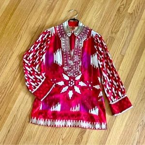 Tory Burch red ikat print Iveta silk tunic size 8